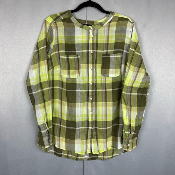 Women's Lane Bryant Brown White Plaid Button Up Top Mandarin Collar Top 14/16 - Picture 1 of 6